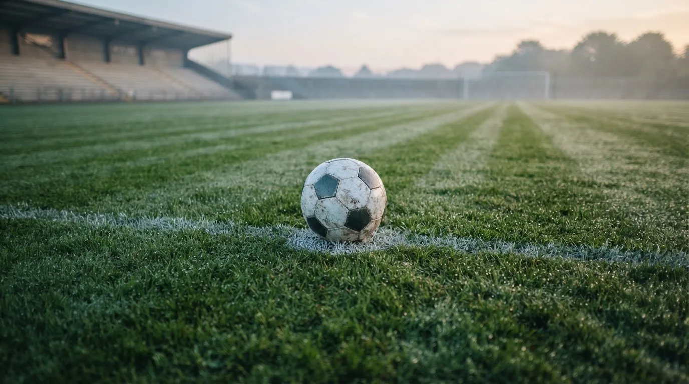 Ein einzelner Fussball liegt auf dem Anstosspunkt eines leeren Rasenplatzes am frühen Morgen, Tau glitzert auf dem Gras, die Tribüne liegt im Dunst.