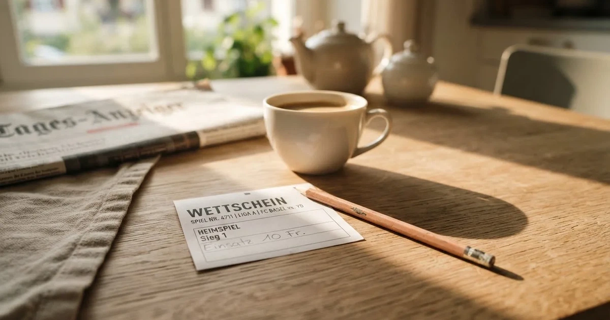 Ein Taschenrechner und ein Bleistift liegen auf einem hellen Küchentisch neben einer Tasse Kaffee, Sonnenlicht fällt schräg über die Tischplatte.