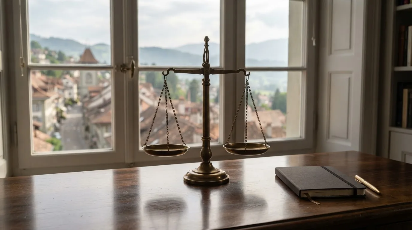 Eine Waage aus Messing steht auf einem polierten Schreibtisch vor einem Fenster mit Blick auf Dächer und sanfte Hügel.