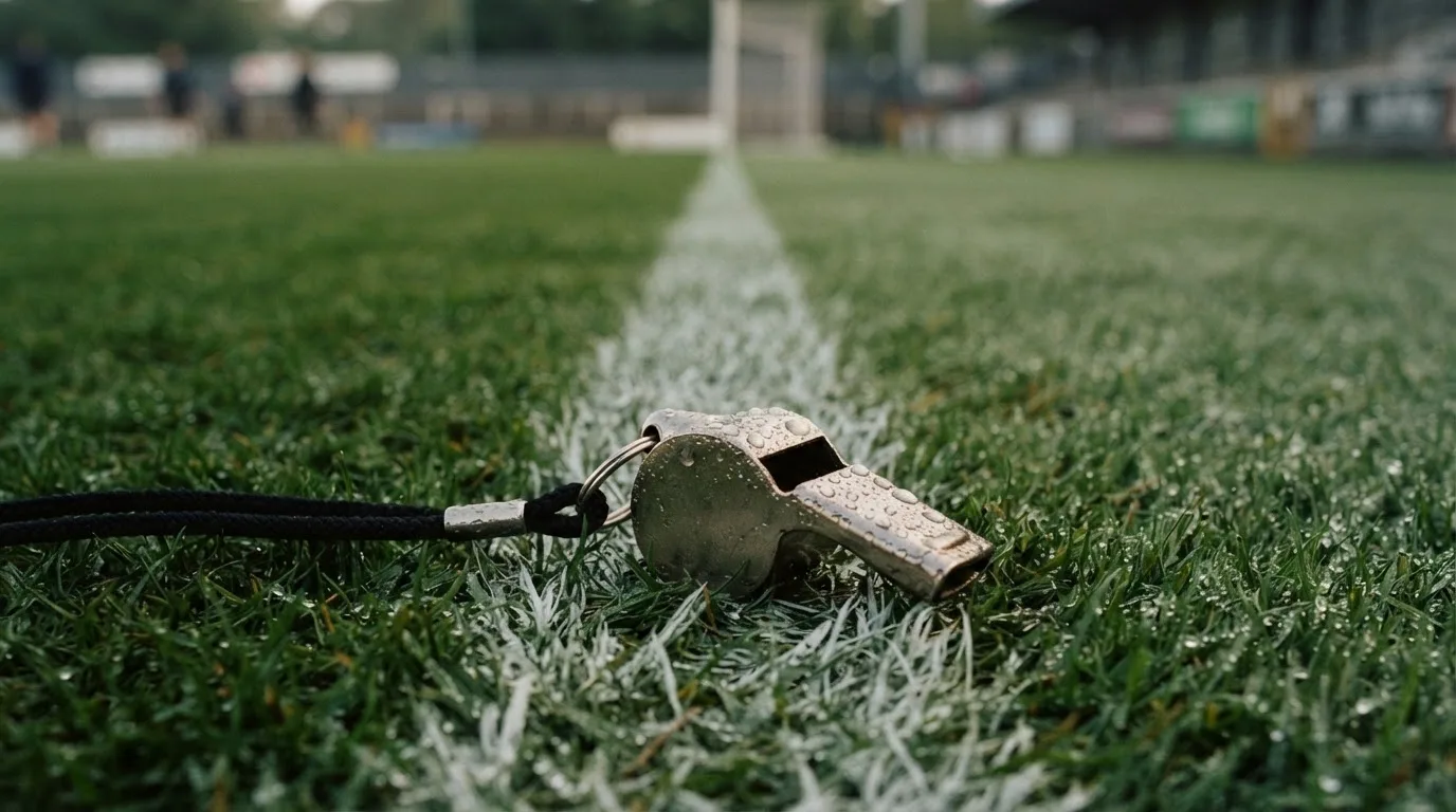 Eine Trillerpfeife liegt auf dem Rasen neben der Mittellinie, Tau hängt an den Halmen, im Hintergrund ein leerer Spielfeldrand.