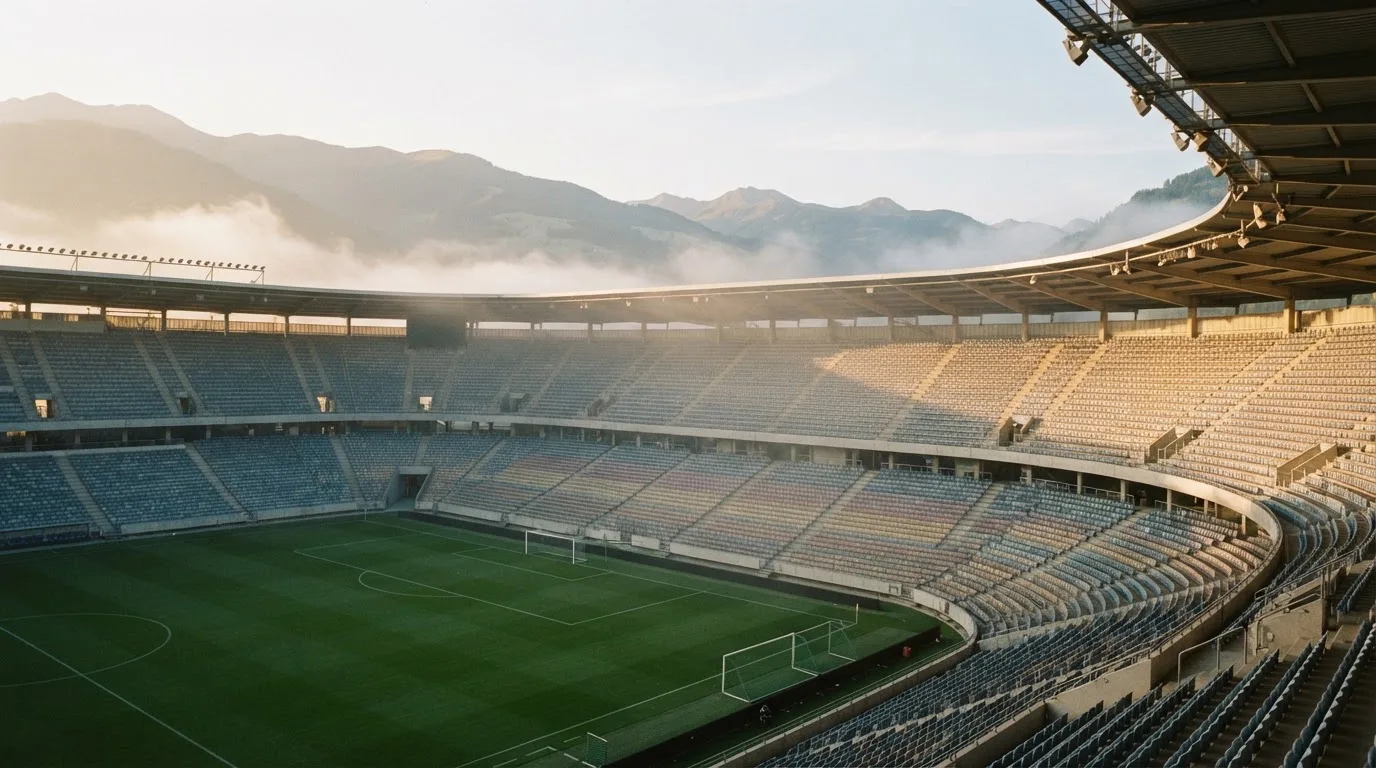 Ein leeres Stadion im Morgenlicht mit Blick auf die Sitzreihen, im Hintergrund Hügel und aufsteigender Nebel.