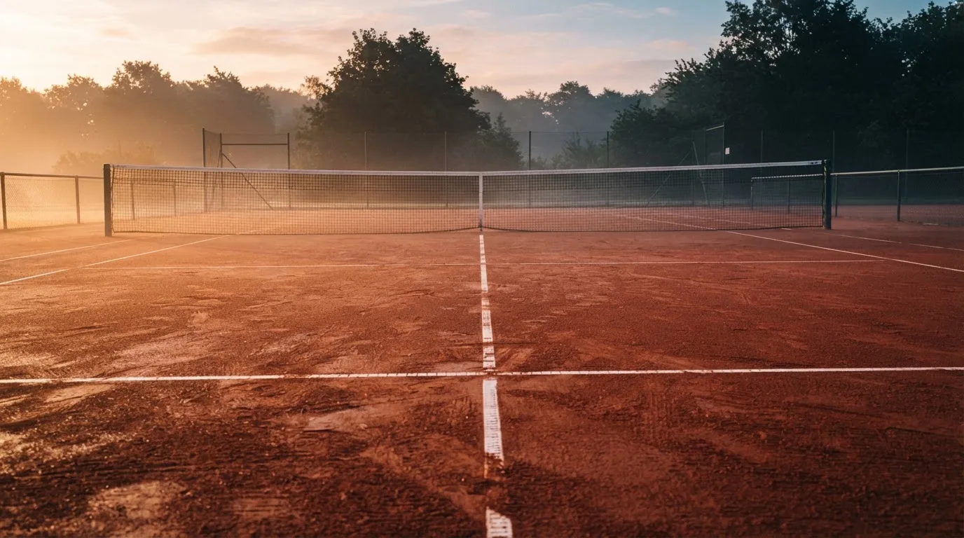 Ein Tennisplatz bei Sonnenaufgang, die Linien frisch gezogen, das Netz in der Mitte und Nebel über dem Boden.