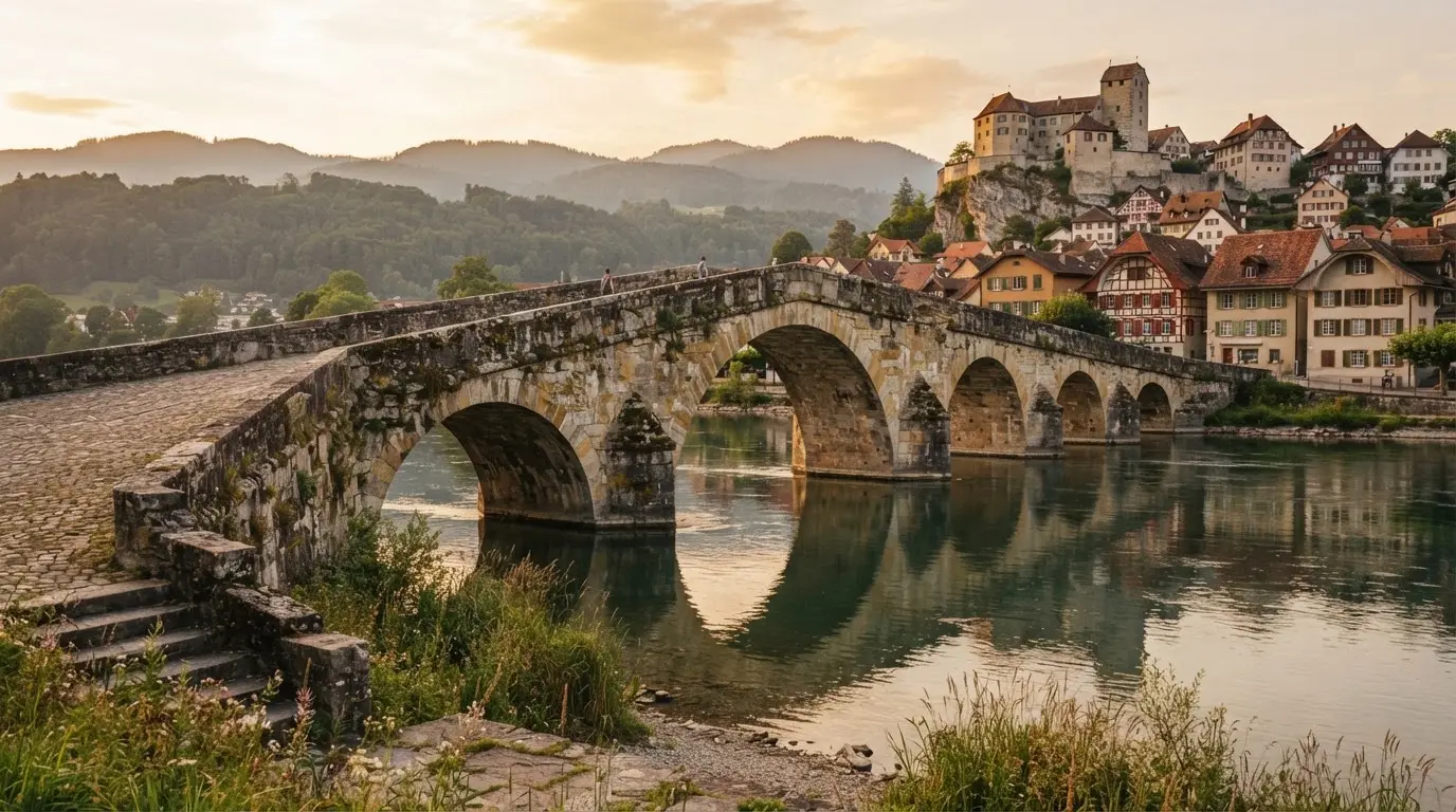 Eine alte Steinbrücke über einen ruhigen Fluss, dahinter Häuser mit Ziegeldächern und bewaldete Hügel.