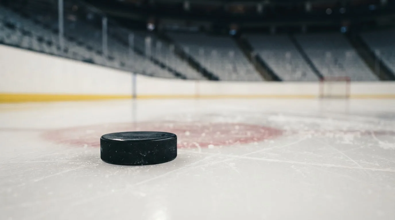 Ein Eishockeypuck liegt auf dem Eis, im Hintergrund unscharf die Bande unter hellem Hallenlicht.