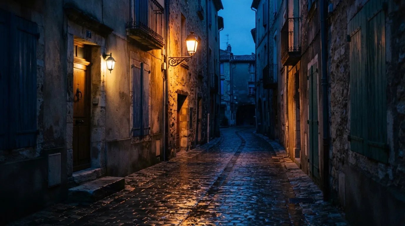 Eine Strassenlaterne in einer leeren Gasse am Abend, das nasse Kopfsteinpflaster spiegelt das warme Licht.