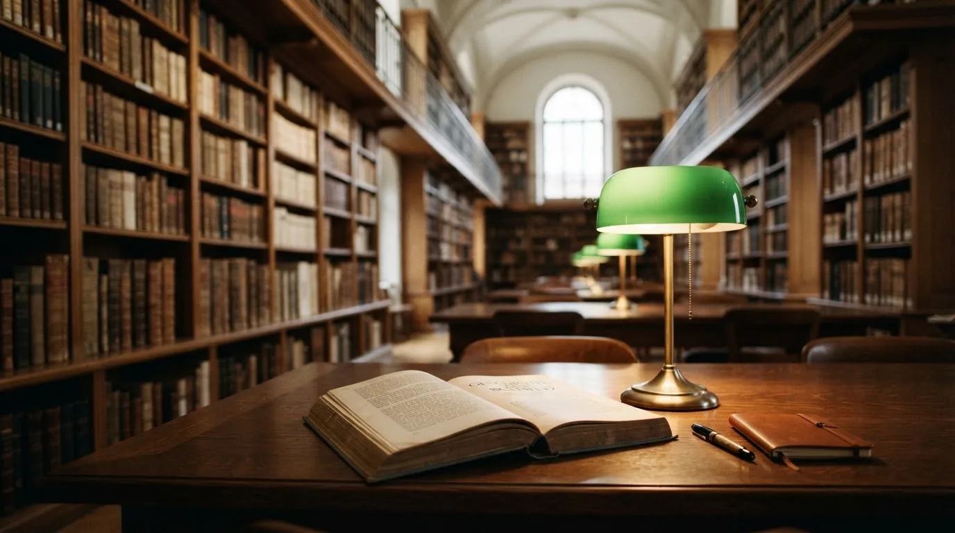 Eine Bibliothek mit hohen Holzregalen voller Bücher, im Vordergrund ein Lesetisch mit grüner Lampe.