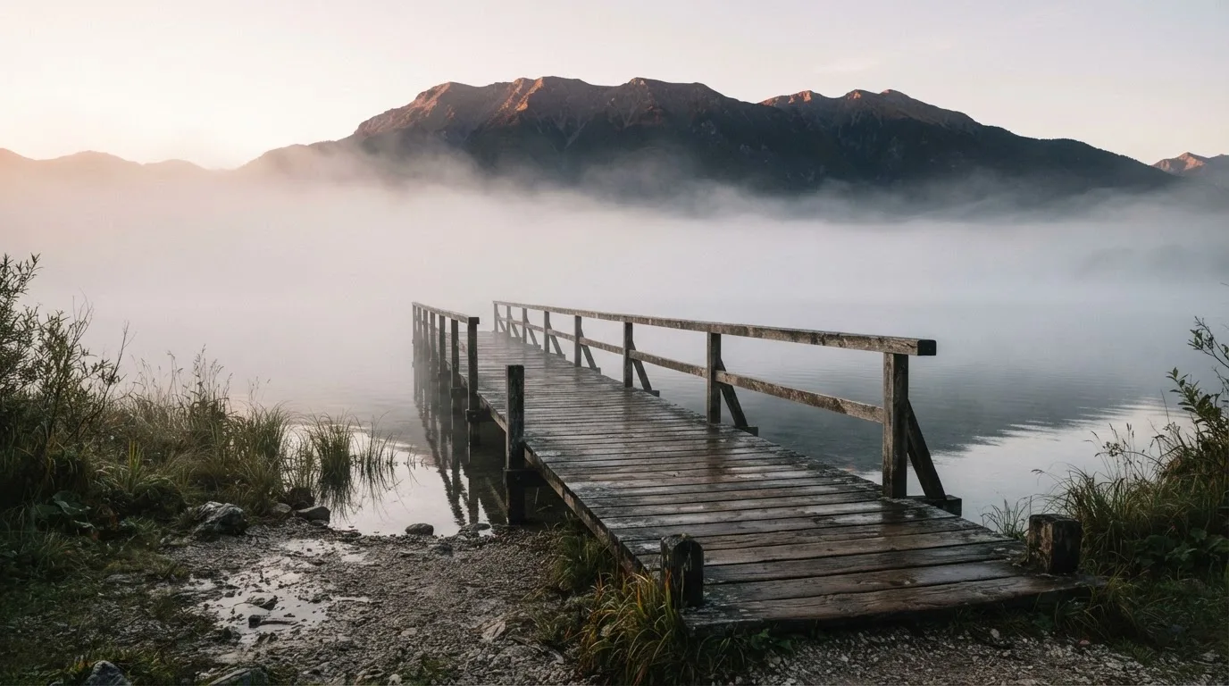 Ein Seeufer mit einem hölzernen Steg, Nebel liegt über dem Wasser, am anderen Ufer erheben sich Berge.