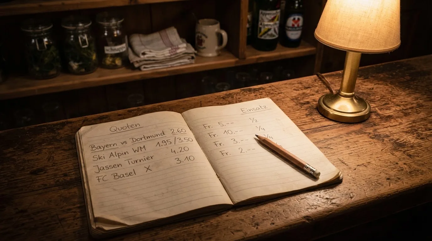 Ein alter Holztresen mit einem Notizbuch und einem Taschenrechner in warmem Lampenlicht, Regale im Hintergrund.