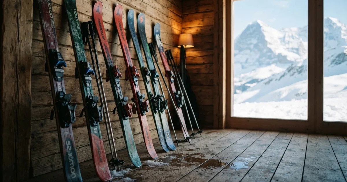 Mehrere Skier und Stöcke lehnen ordentlich in einer Reihe an der Holzwand einer Berghütte, vor dem Fenster liegt Schnee.