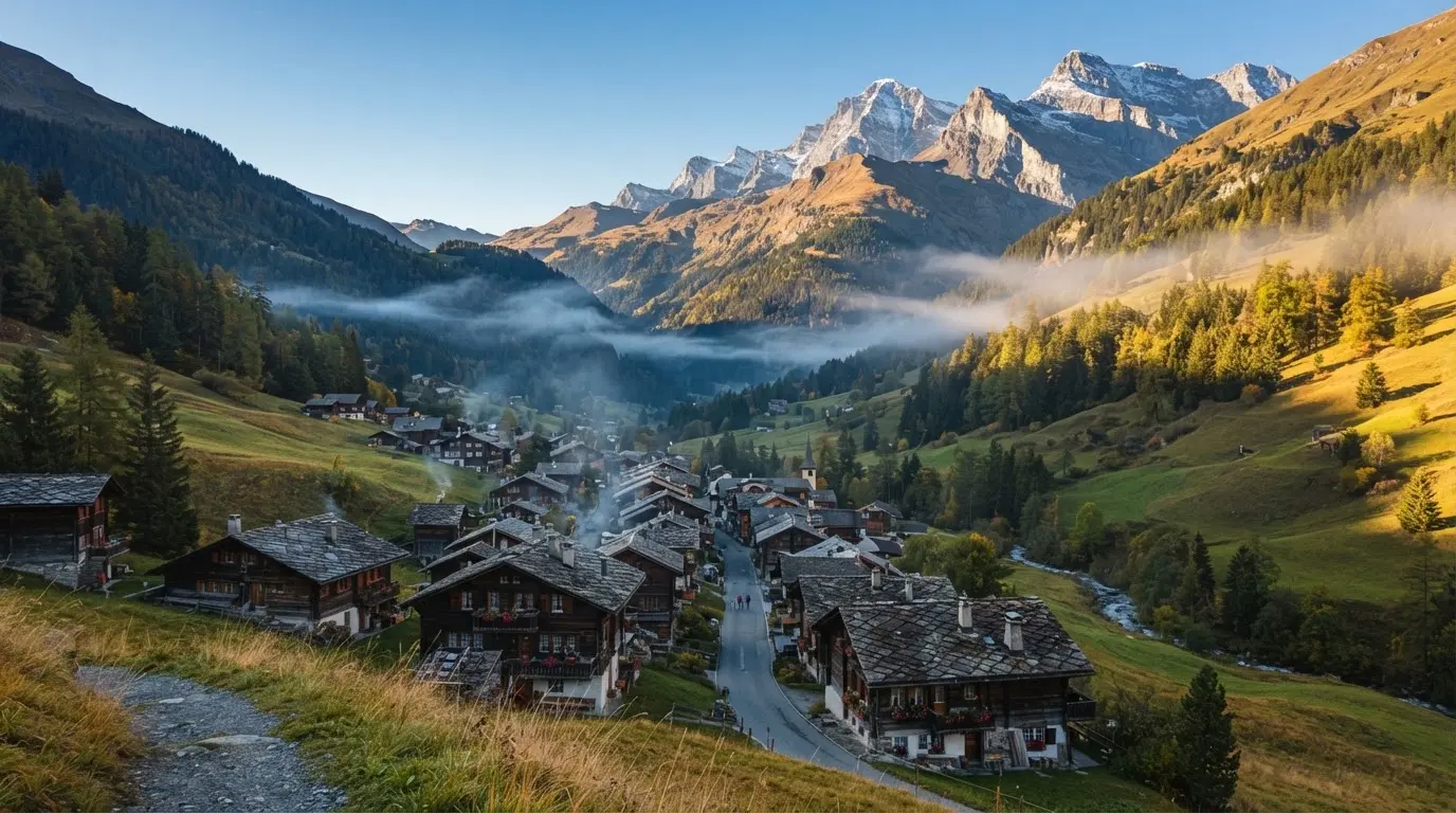 Ein Bergdorf mit Holzhäusern im Tal an einem klaren Morgen, über den Dächern liegen Nebelschwaden und darüber Gipfel.