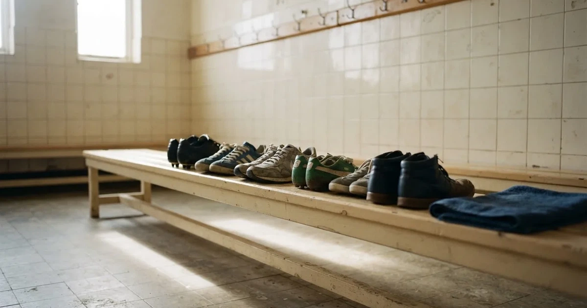 Eine Reihe Sportschuhe steht auf einer Bank in einer Umkleide, Licht fällt aus einem hohen Fenster.