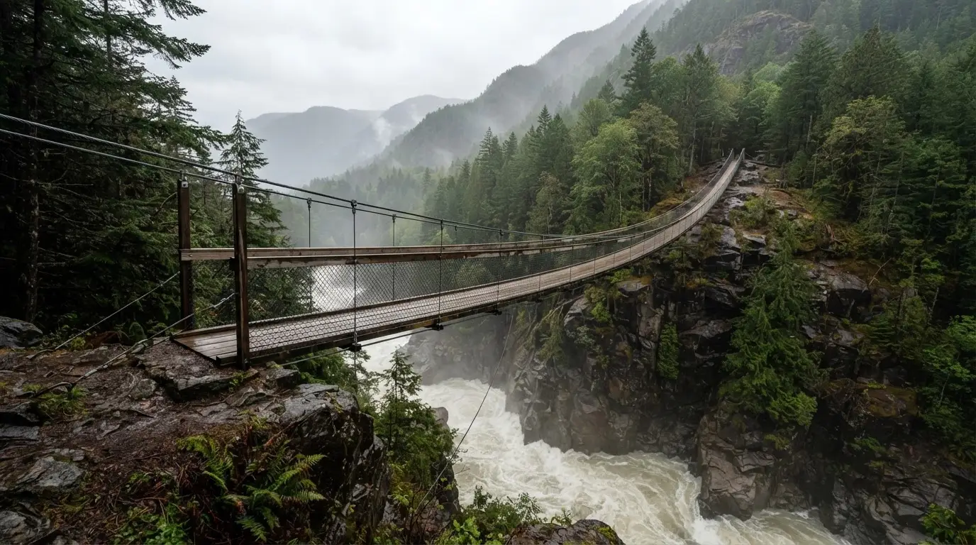 Eine Hängebrücke spannt sich über eine tiefe Schlucht, unten rauscht ein Fluss zwischen bewaldeten Felswänden.
