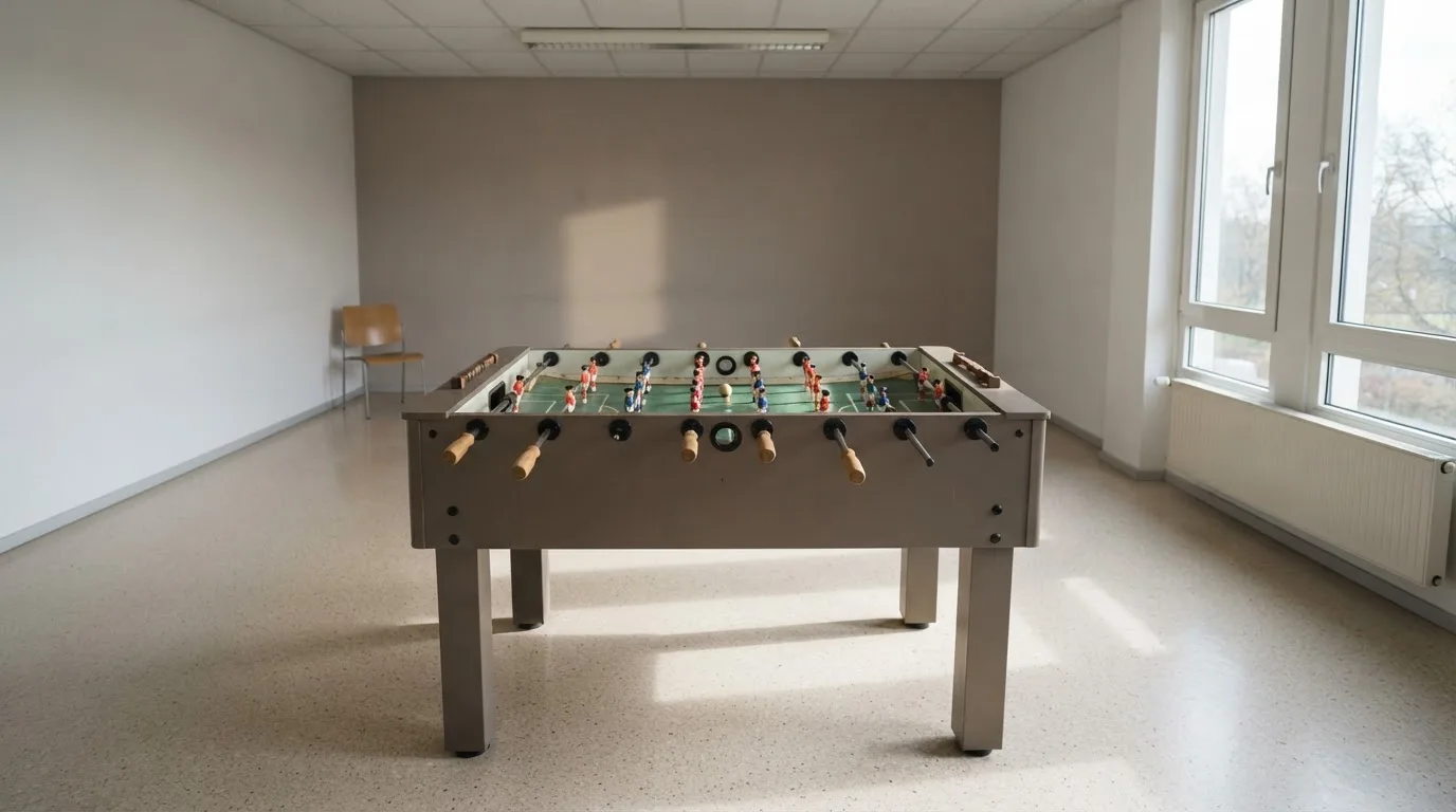 Ein Tischfussballtisch steht in einem leeren Aufenthaltsraum, Nachmittagslicht fällt durch ein Fenster.