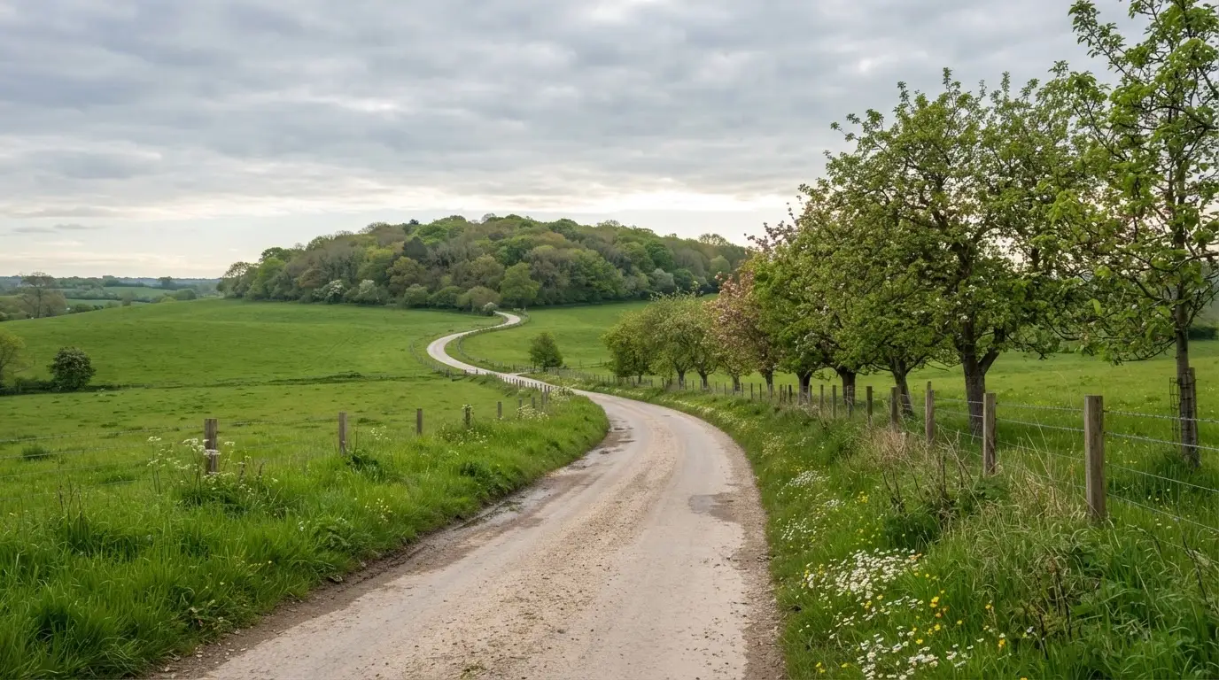 Ein Feldweg führt zwischen Wiesen zu einem Hügel, der Himmel ist bewölkt, am Wegrand stehen Obstbäume.