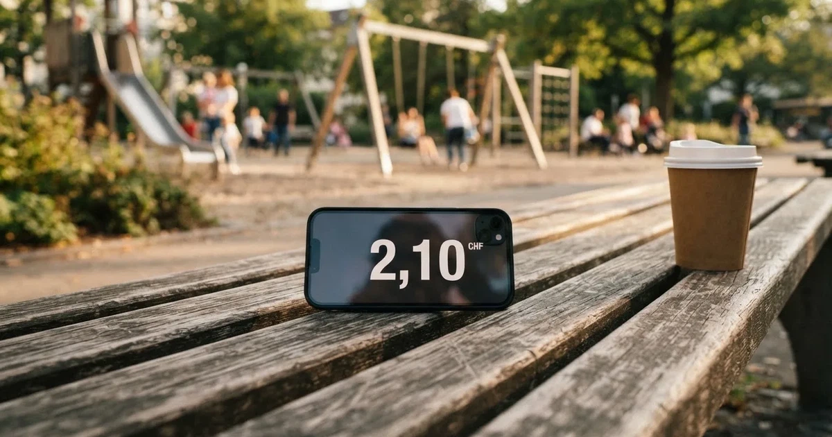 Ein Smartphone mit dunklem Display liegt auf einer Parkbank, daneben ein Kaffeebecher, im Hintergrund ein Spielplatz.