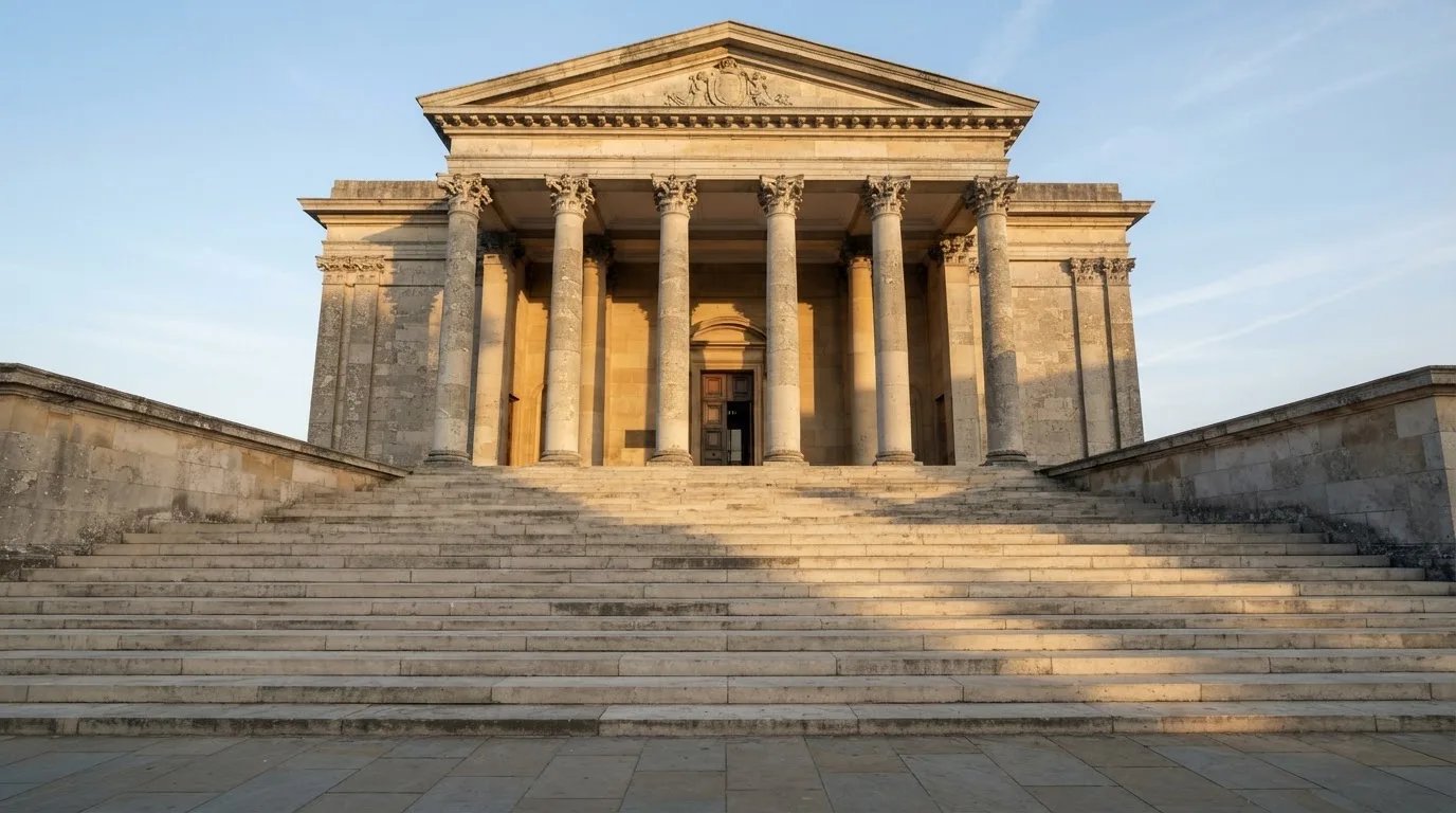 Eine breite Steintreppe führt zu einem Gebäude mit Säulen, die Morgensonne scheint, niemand ist zu sehen.