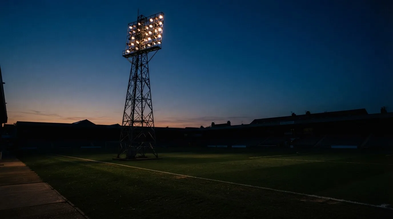 Ein Flutlichtmast ragt in den Abendhimmel, die Rasenfläche darunter liegt leer und dunkelgrün da.