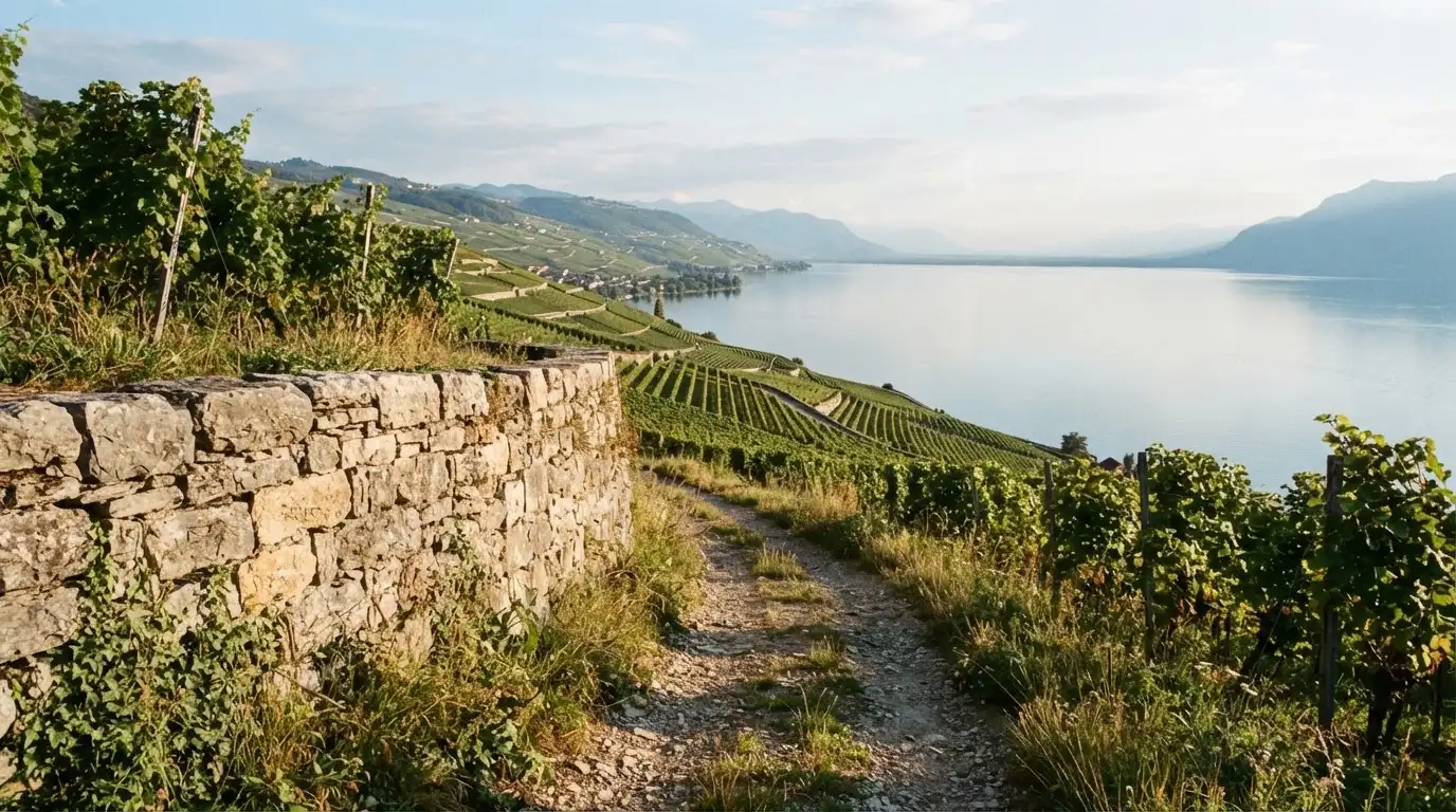 Eine Mauer aus Natursteinen am Wegrand, dahinter Weinberge, die zu einem See hinabführen.