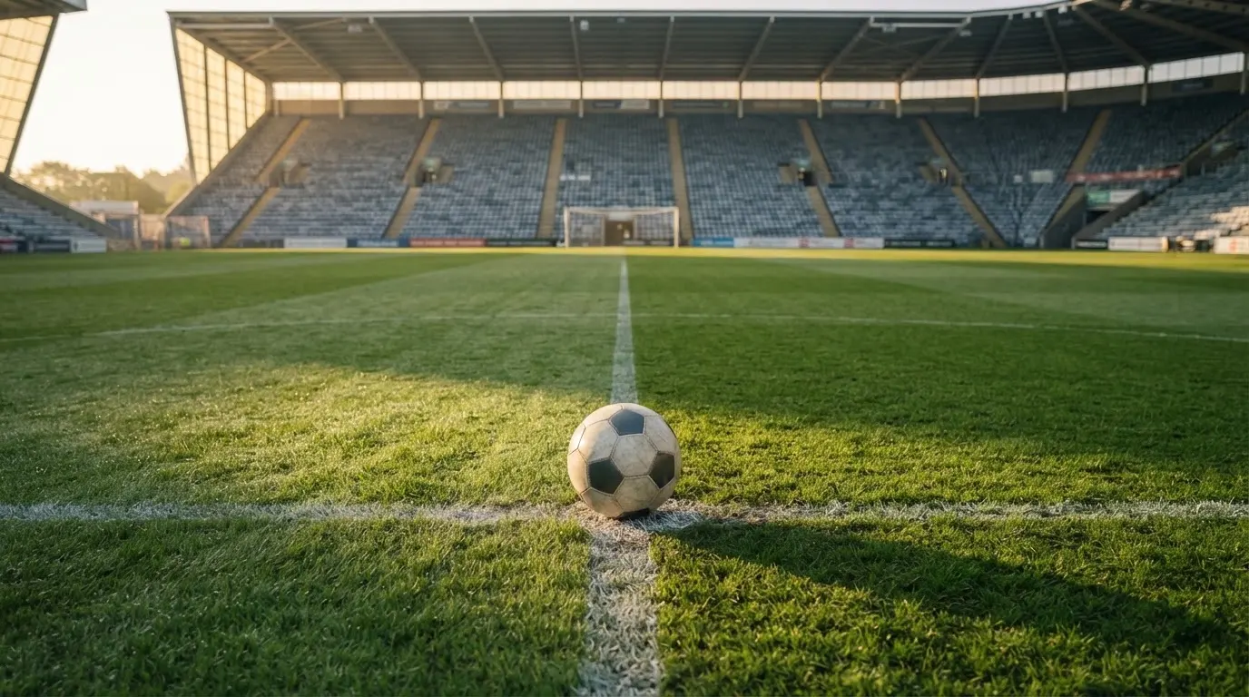 Ein Fussball liegt auf dem Anstosspunkt eines leeren Rasenplatzes im frühen Morgenlicht, dahinter erhebt sich eine menschenleere Tribüne.