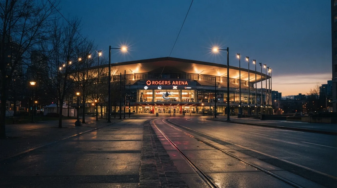 Ein grosses Eisstadion aus der Ferne gesehen, hell erleuchtet von Flutlicht in der Abenddämmerung, davor eine leere Strasse.