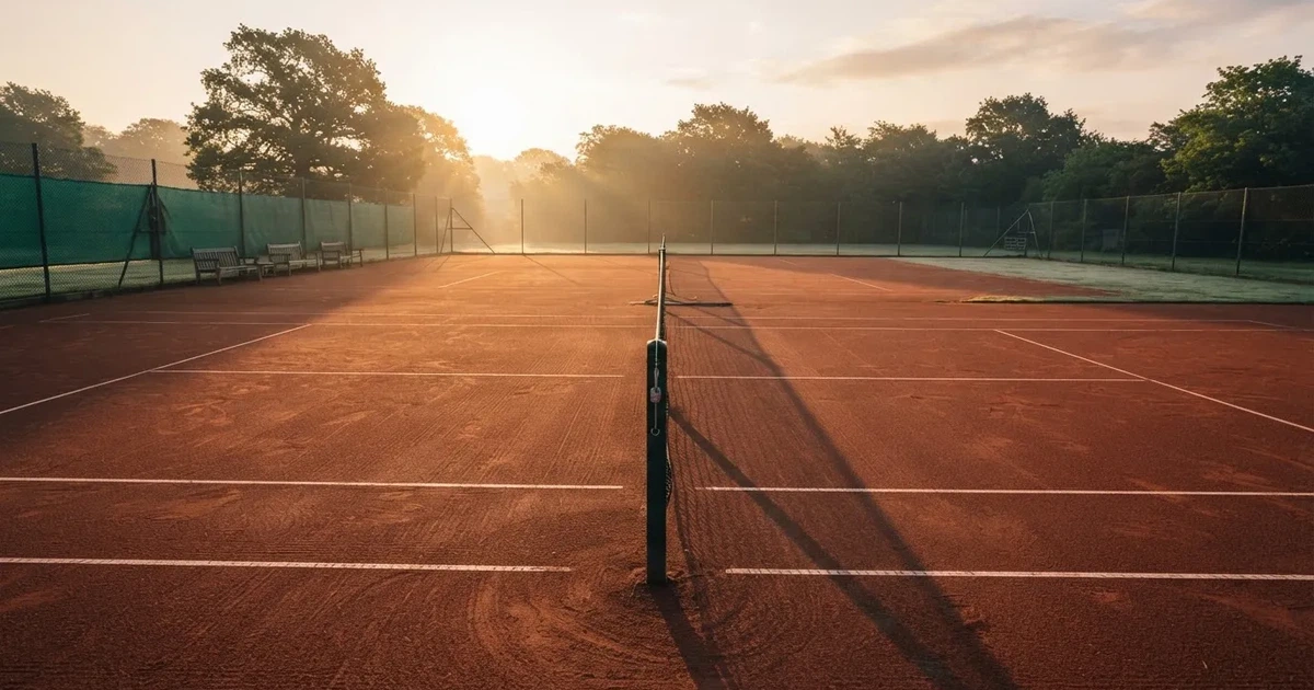Ein Sandplatz für Tennis liegt bei Sonnenaufgang still da, das Netz wirft einen langen Schatten über die weissen Linien.