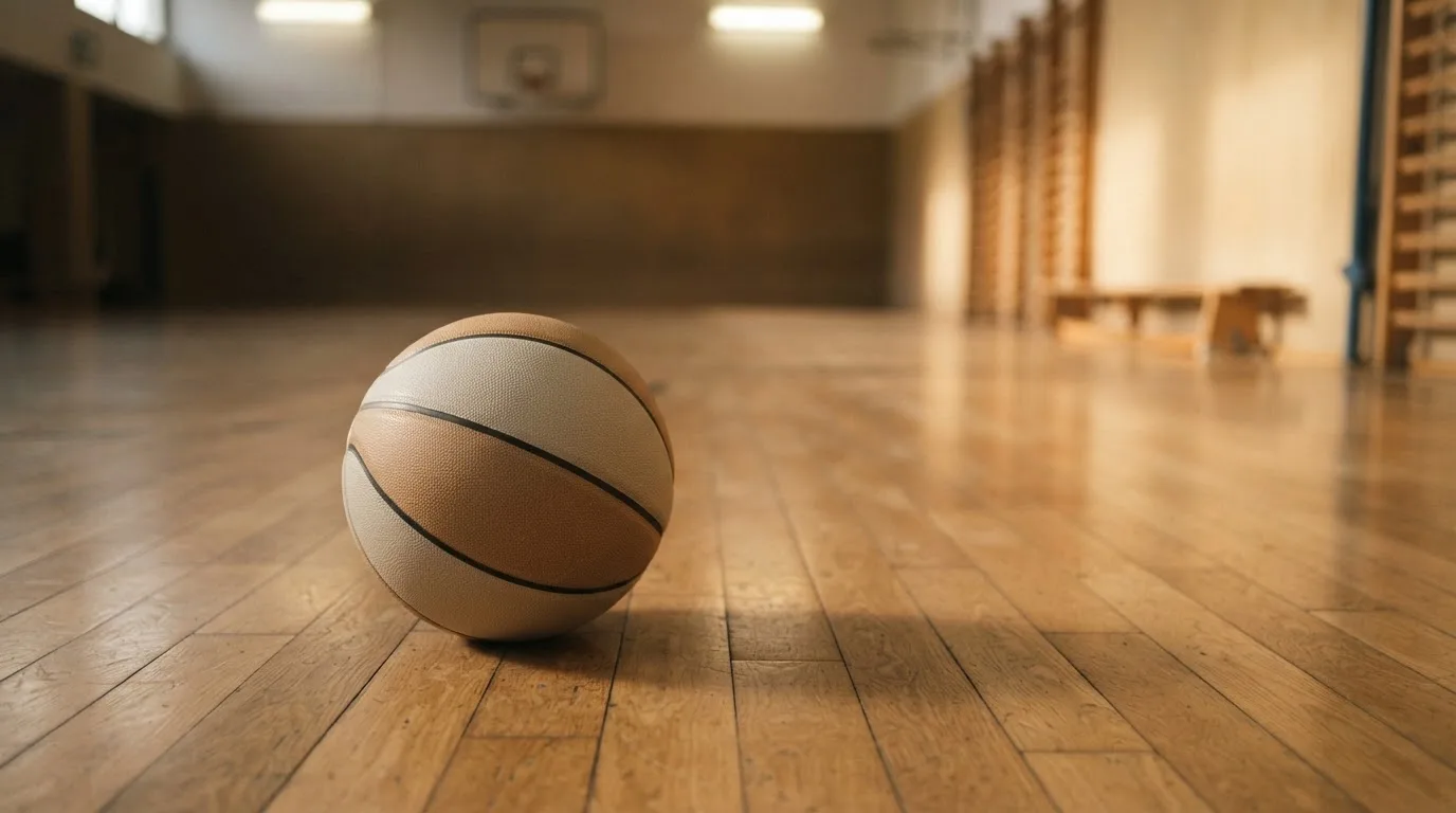 Ein Basketball liegt auf dem Parkett einer leeren Halle, von den Deckenlampen fällt gleichmässiges Licht auf den Boden.