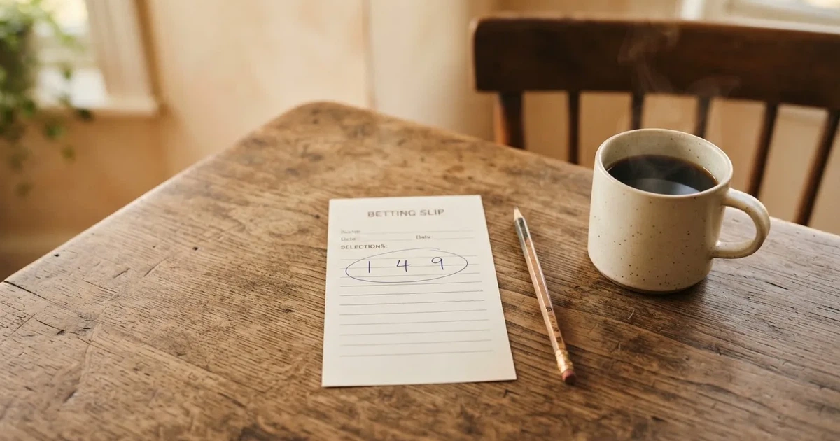Ein leerer Wettschein aus Papier liegt auf einem Holztisch neben einem Bleistift und einem Kaffeebecher.