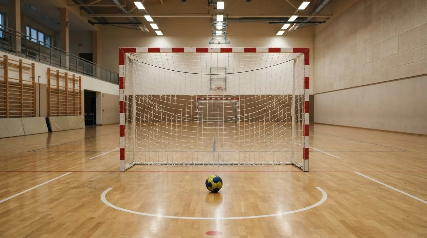Ein Handballtor in einer leeren Sporthalle, der Ball liegt im Torraum und das Hallenlicht spiegelt sich im Parkett.
