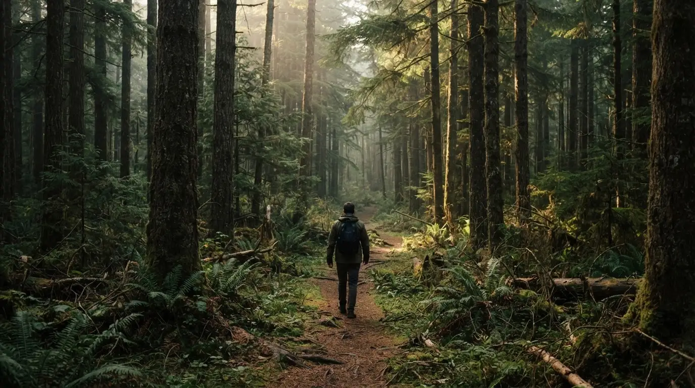 Eine Person von hinten auf einem Waldweg, die langsam zwischen hohen Tannen geht.