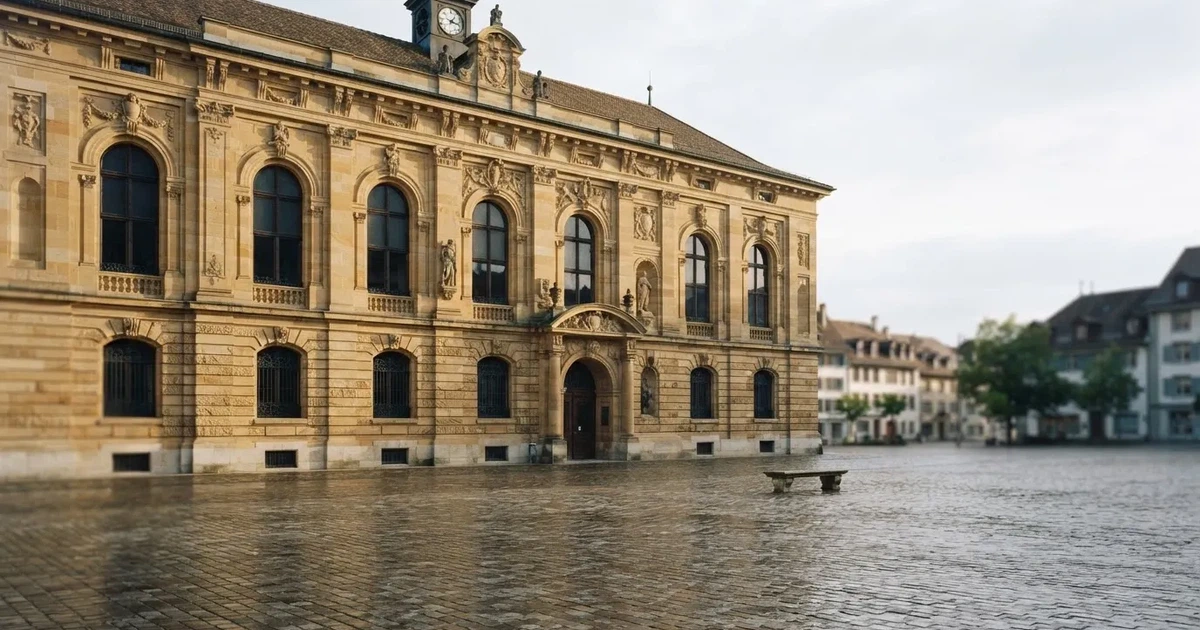 Die Fassade eines Sandsteingebäudes mit hohen Fenstern im weichen Licht des Vormittags, davor ein leerer Platz.