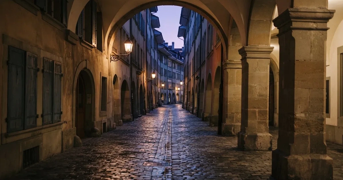Eine menschenleere Altstadtgasse mit steinernen Laubengängen im Abendlicht, die Laternen brennen schon und das Pflaster glänzt feucht.