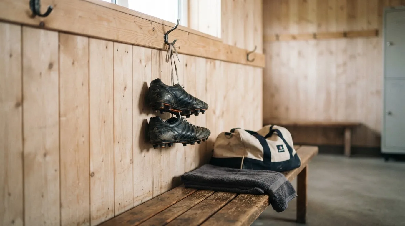 Ein Paar Fussballschuhe hängt an einem Haken in einer ruhigen Umkleide, darunter steht eine Sporttasche auf einer Holzbank.