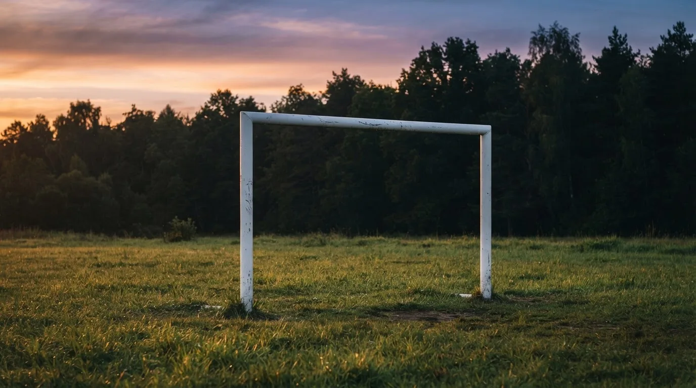 Ein Fussballtor ohne Netz steht auf einer Wiese am Waldrand, die Abenddämmerung färbt den Himmel orange.