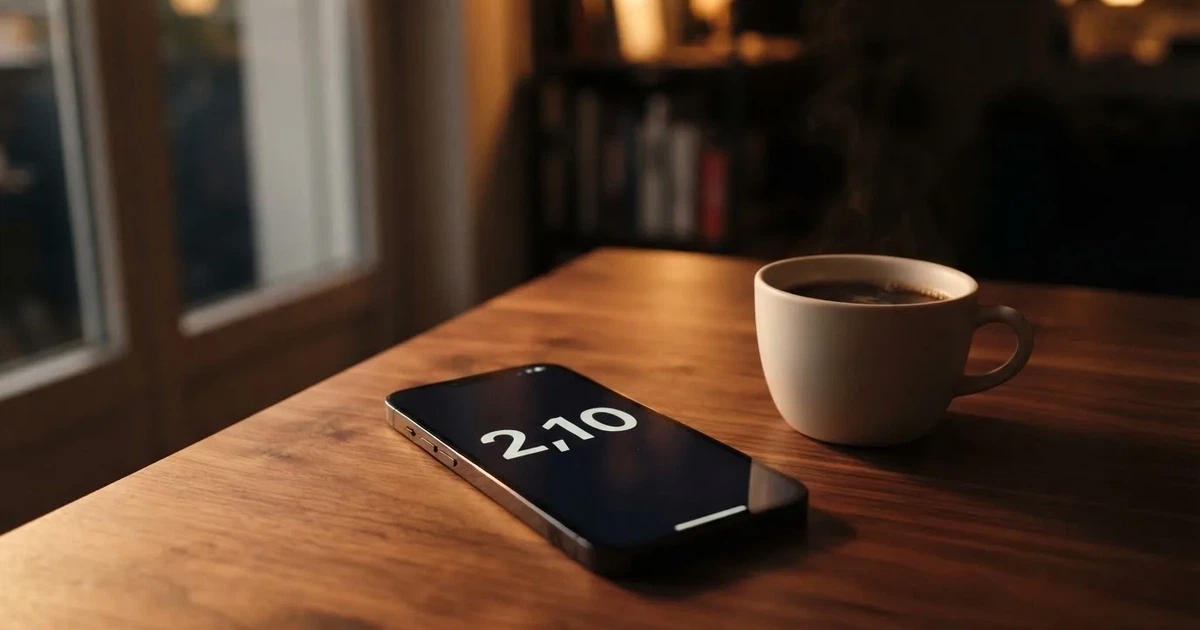 Ein Smartphone mit dunklem Display liegt auf einem Holztisch neben einer Kaffeetasse, durch das Fenster fällt warmes Abendlicht.