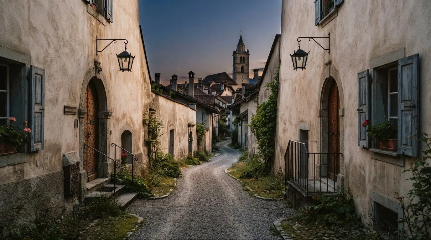 Ein schmaler Kiesweg führt zwischen zwei hellen Mauern durch eine Schweizer Altstadt, die Laternen sind noch nicht angezündet.