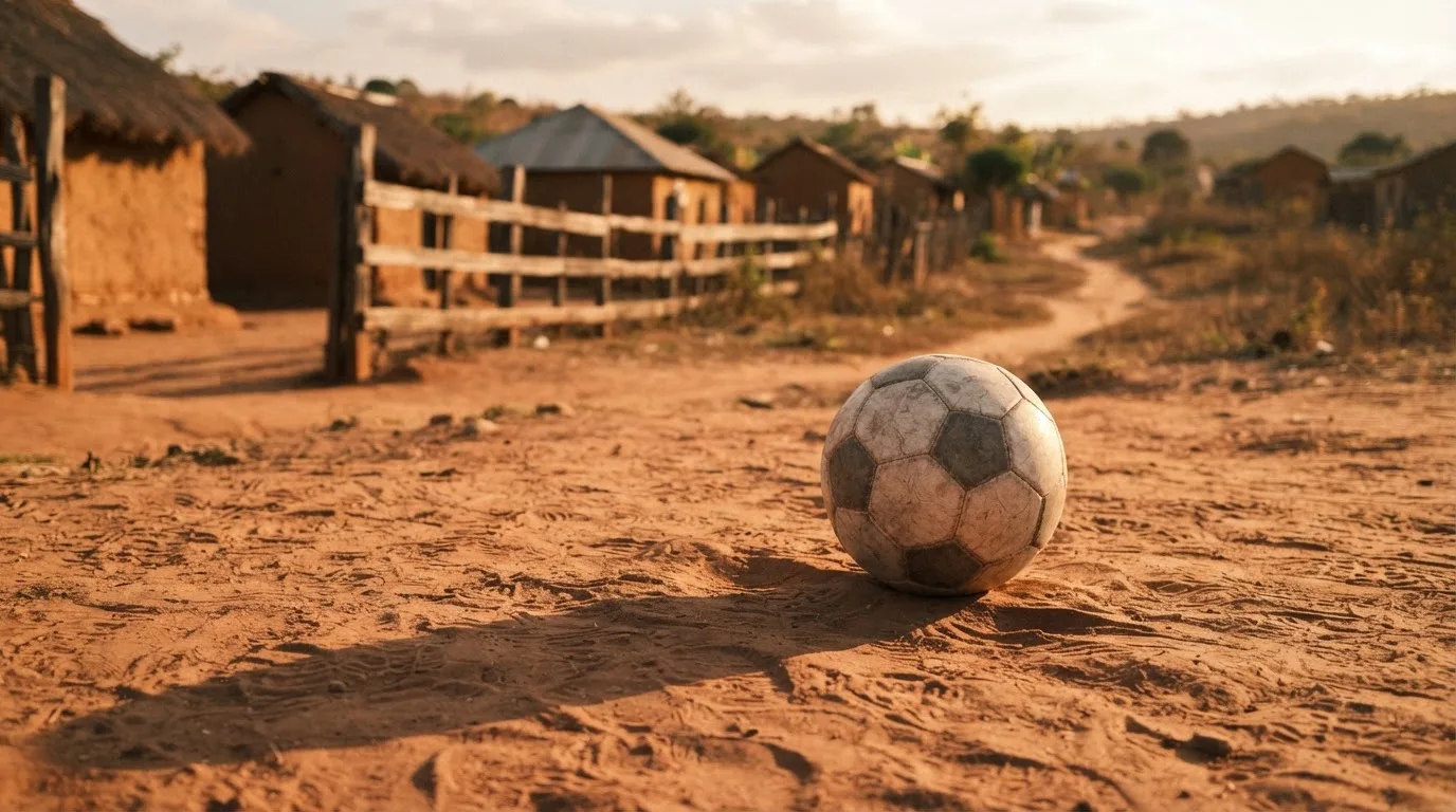 Ein Fussball liegt auf rotbraunem Sand am Rand eines Dorfes, die Abendsonne wirft lange Schatten.