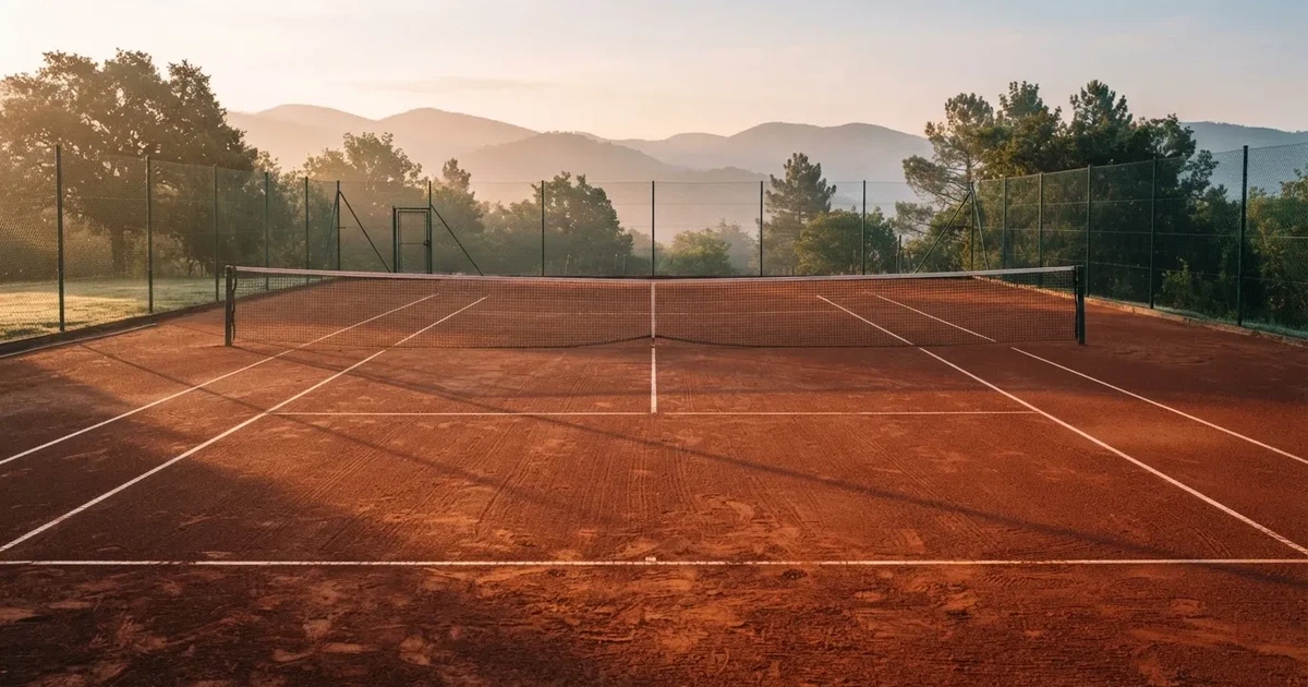 Ein Sandplatz im ersten Morgenlicht, die Linien sind frisch gezogen, das Netz bewegt sich leicht im Wind, Berge im Dunst.