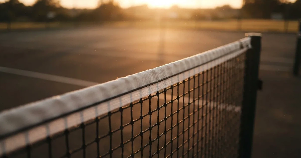 Ein Tennisnetz in Nahaufnahme im Gegenlicht der tiefstehenden Sonne, feine Staubkörner schweben über dem Platz.