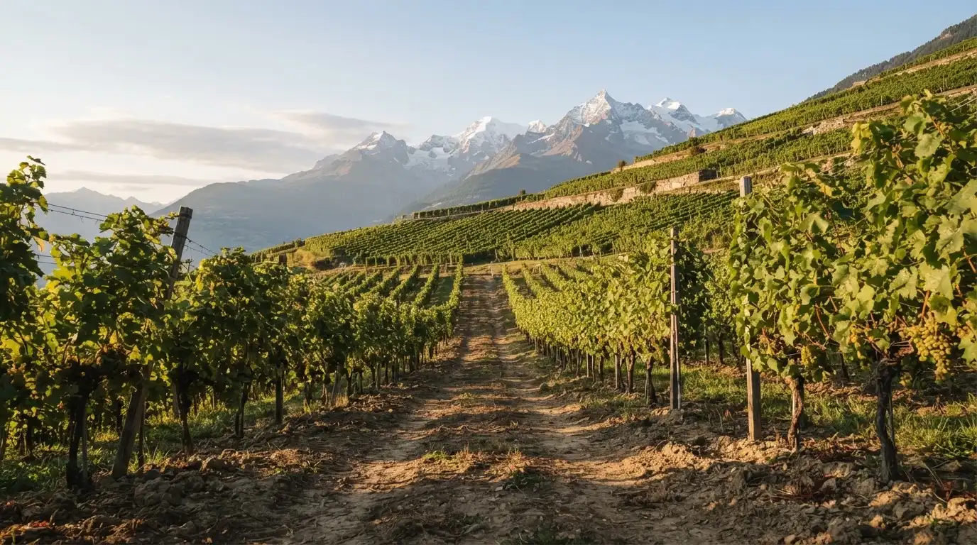 Ein Feldweg zwischen Weinreben im Wallis bei Sonnenaufgang, im Hintergrund hohe Berge und klare Luft.