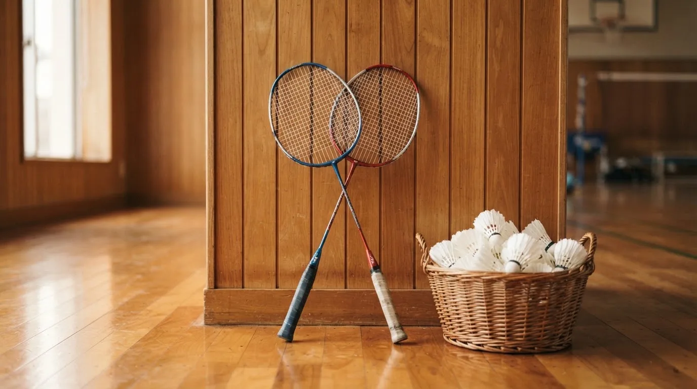Zwei Badmintonschläger lehnen gekreuzt an einer Hallenwand aus Holz, daneben steht ein Korb mit Federbällen.
