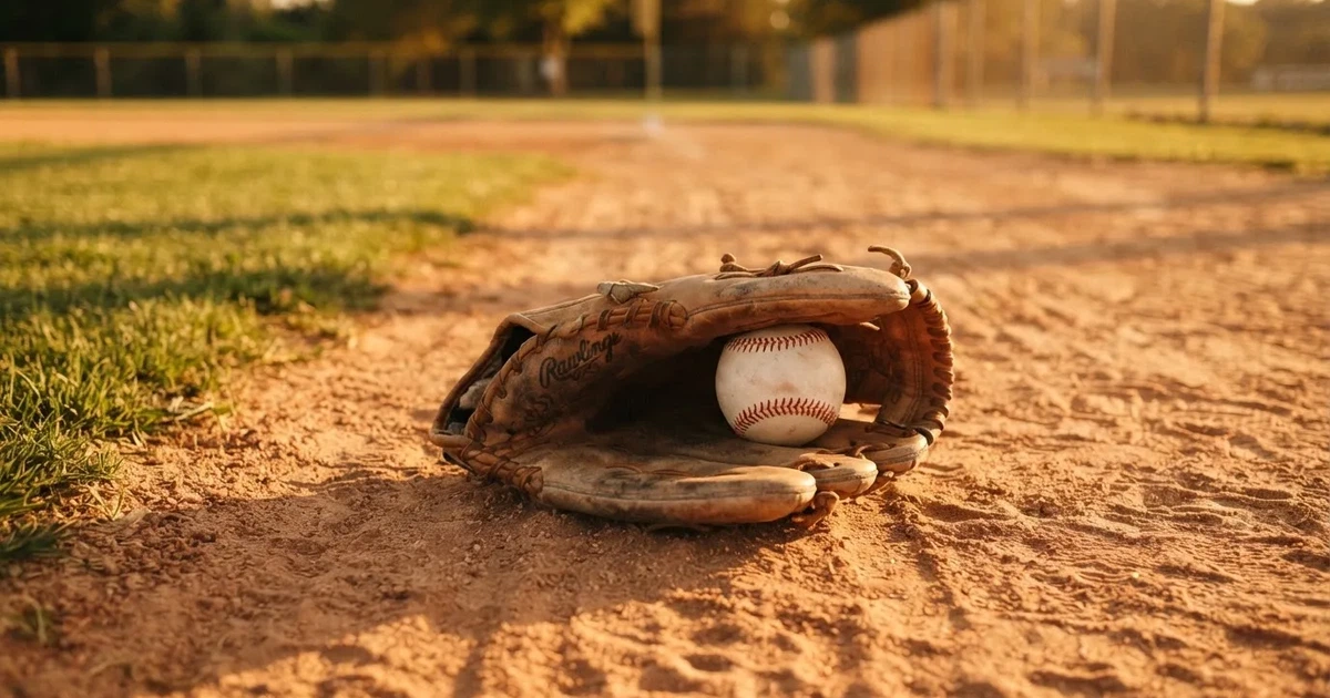 Ein Lederhandschuh und ein Ball liegen auf dem Sandboden eines leeren Spielfelds, die tiefstehende Sonne wirft lange Schatten.
