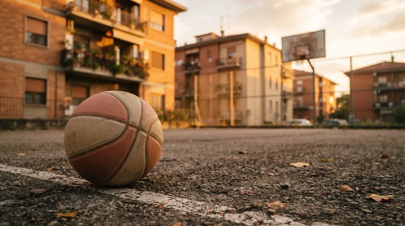 Ein Basketball liegt auf einem Asphaltplatz in einem Hinterhof zwischen Wohnblöcken, das Abendlicht färbt die Wände warm.