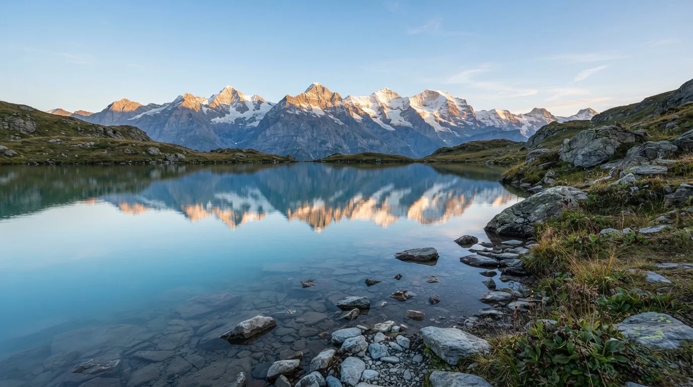 Ein Bergsee mit ruhigem Wasser und Gipfeln im Morgenlicht, am Ufer liegen glatte Steine.