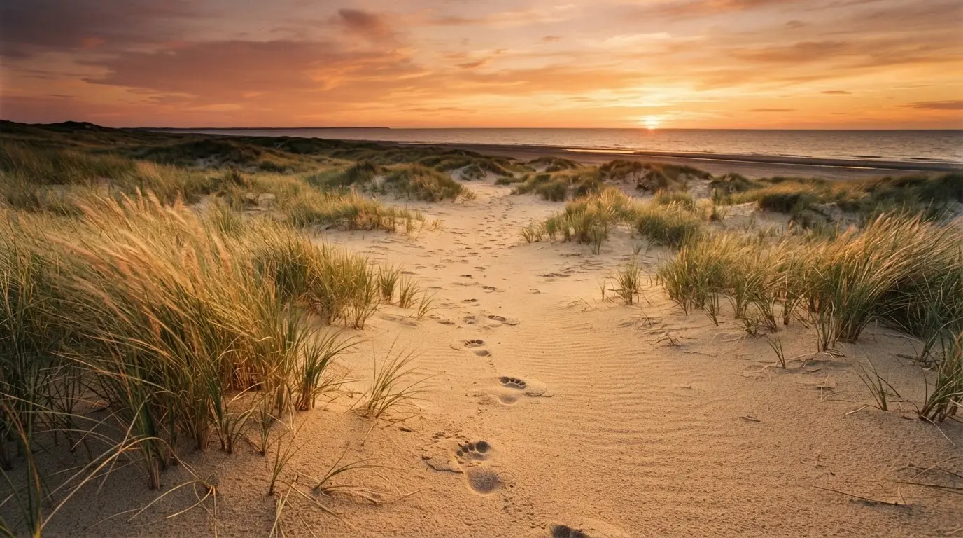 Spuren im Sand führen durch Dünengras auf den Horizont zu, die Sonne steht tief und färbt den Himmel orange.