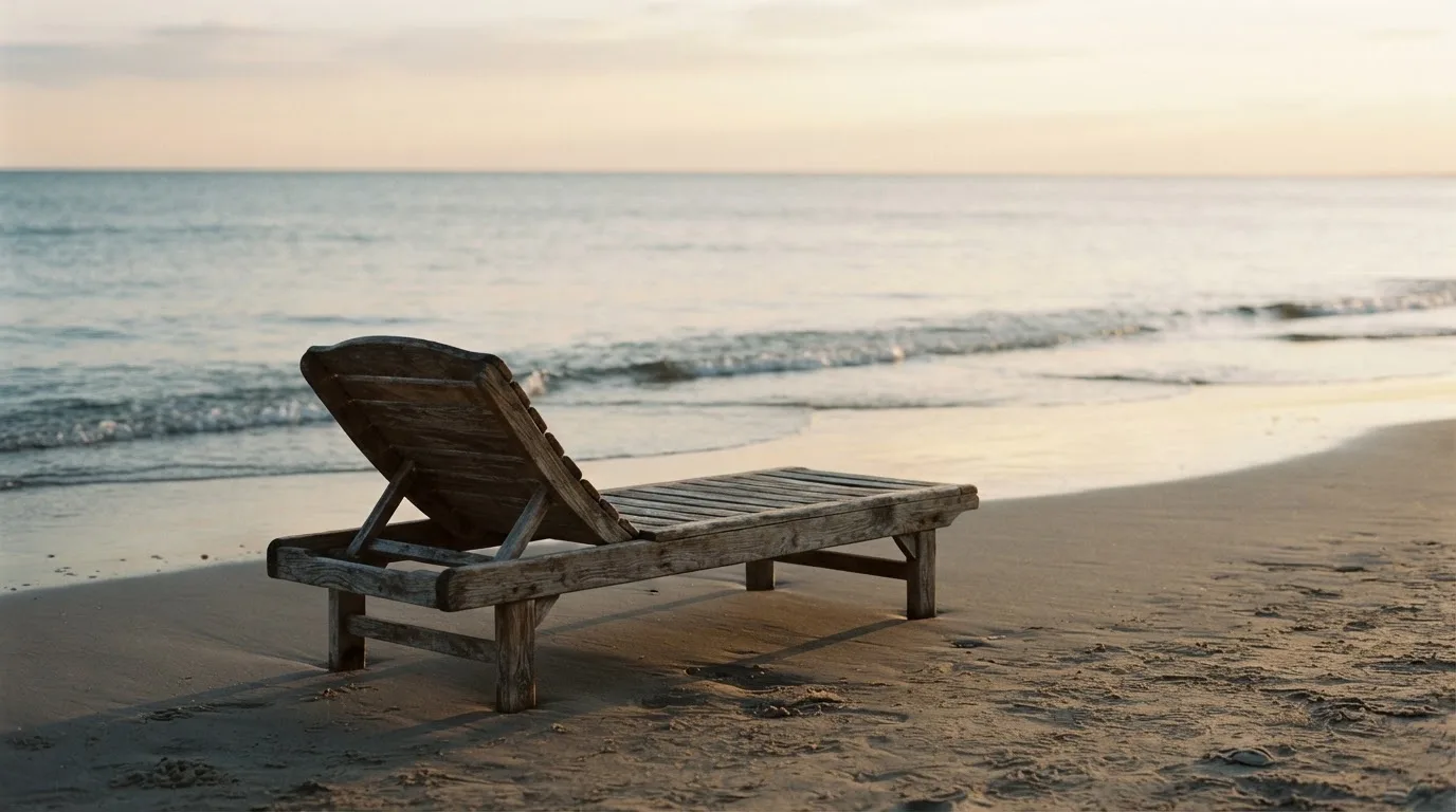 Ein leerer Liegestuhl aus Holz steht am Rand eines Sandstrands, Abendlicht und ruhige Wellen im Hintergrund.