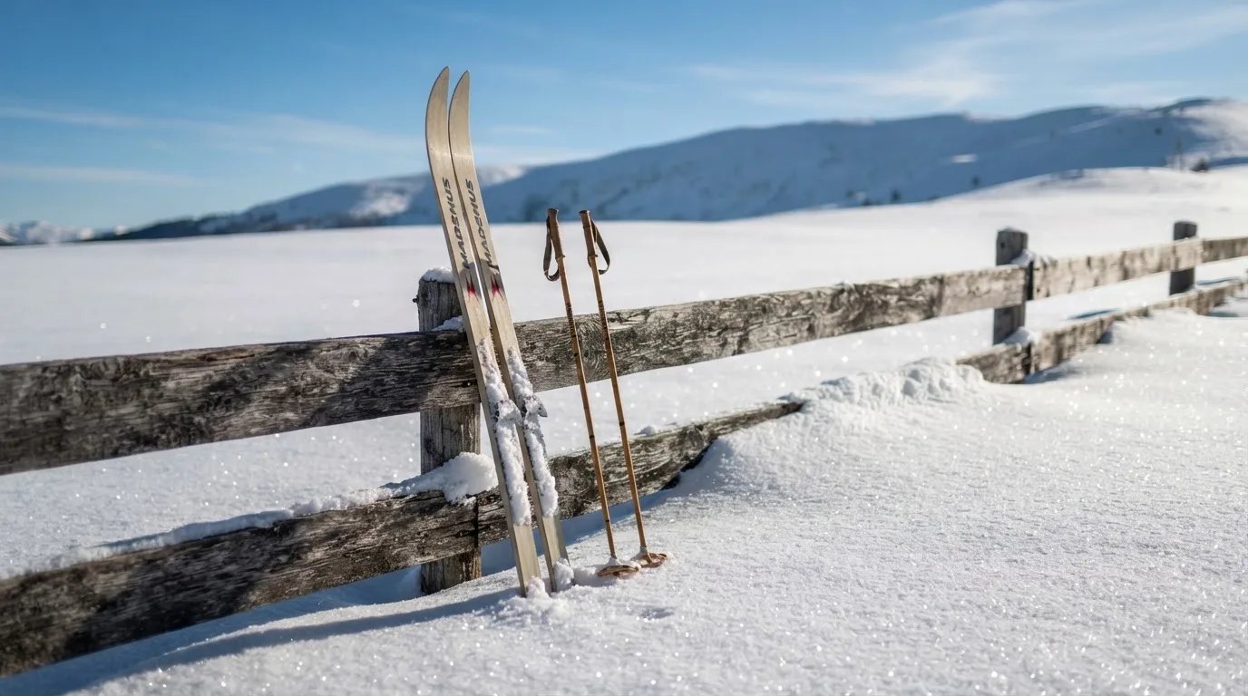 Ein Paar Langlaufskier steckt aufrecht im Schnee neben einem Holzzaun, die Sonne glitzert auf Eiskristallen.