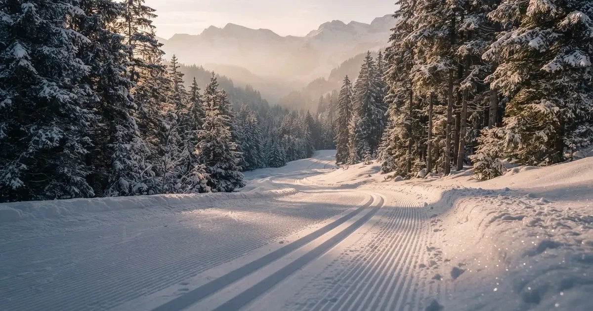 Eine verschneite Langlaufloipe führt durch Tannenwald im Morgenlicht, frische Spuren im Schnee, dahinter Berge im Dunst.