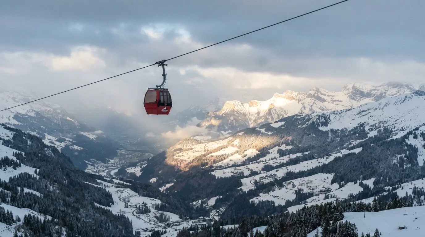 Eine Seilbahnkabine schwebt über einem verschneiten Tal, die Sonne bricht durch die Wolken und beleuchtet die Hänge.