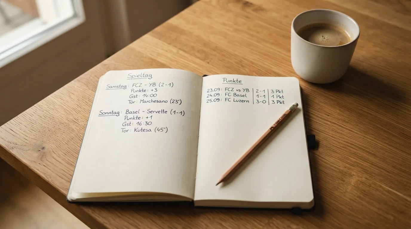 Ein aufgeschlagenes Notizbuch mit handgeschriebenen Spalten und ein Bleistift neben einer Tasse Kaffee auf einem Holztisch am Morgen