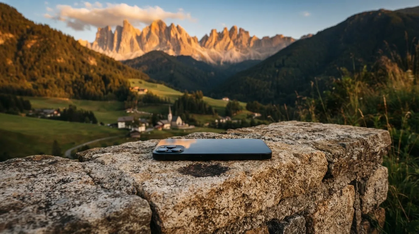 Ein Smartphone mit dunklem Display liegt auf einer Steinmauer, dahinter ein Alpental im Abendlicht